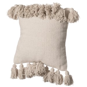 16 in. x 16 in. Natural Handwoven Cotton Throw Pillow Cover with Side Fringed Tassels