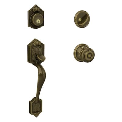 Schlage Parthenon Antique Brass Single Cylinder Door Handle set with Georgian Knob F60 G PAR 609 GEO