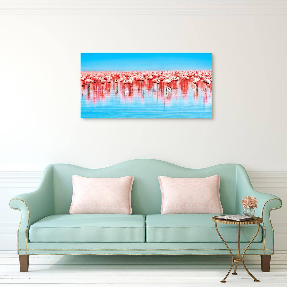 Flamingo Flock Blue and Pink Tempered Glass Wall Art, 24" x 48"