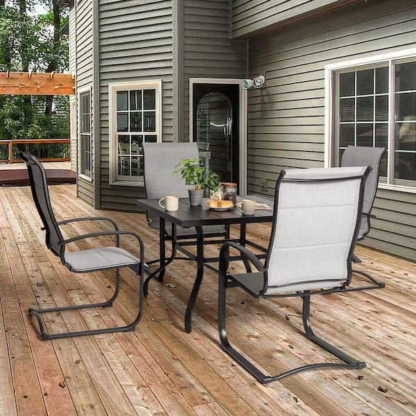 Gray 5-Piece Textilene and Iron Outdoor Dining Set, 4 Chairs and 37 in. Square Dining Table with 1.57 in. Umbrella Hole