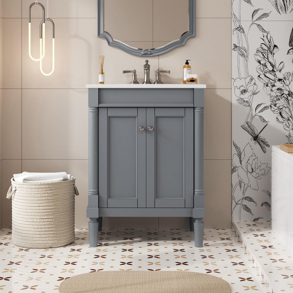 24 in. W x 18 in. D x 34 in. H Single Sink Freestanding Bathroom Vanity in Grey with White Ceramic Top price history on PriceWatchPro