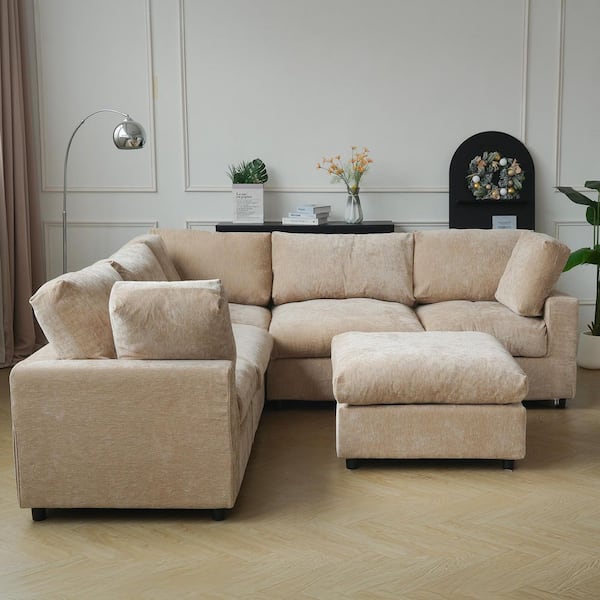 100.5 in. Square Arm Chenille 6-piece L-Shaped Free Combination Sectional Sofa with Ottoman in. Brown For Living Room