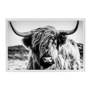 Black and White Highland Cow Framed Canvas Wall Art - 18 in. x 12 in. Size, by Kelly Merkur 1-pc White Frame
