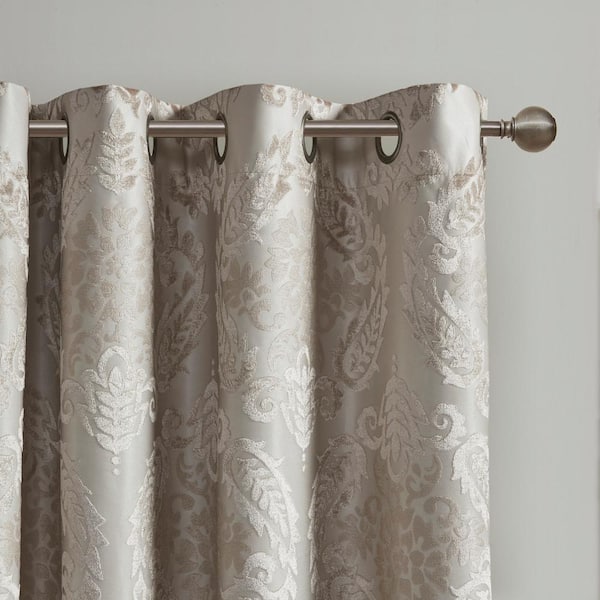 Loraine Champagne Damask Knitted Jacquard Paisley 50 in. W x 84 in. L Blackout Grommet Top Curtain
