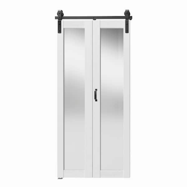 84 in. x 84 in. White, Mirrored Glass, MDF, Bi-Fold Style, Full Lite Sliding Barn Door with Hardware Kit