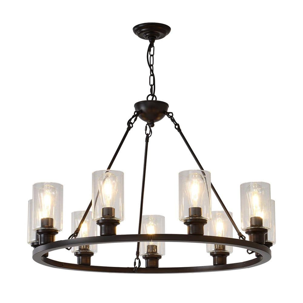 34.3 in 9-Light Brown Wagon Wheel Chandelier Adjustable Height for Dining Room Living Room (Bulbs Not Included) price history on PriceWatchPro