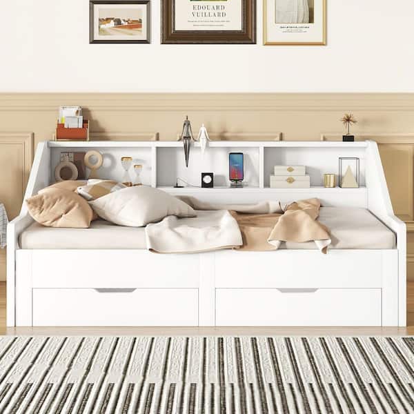 White Twin to King Daybed Frame with Storage and Charging Design