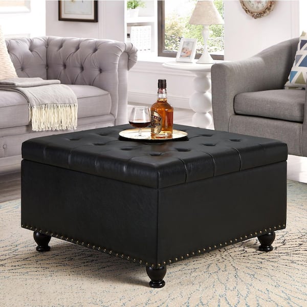 Noble House Horizon Black PU Leather Upholstered Modern Square Storage Ottoman with Button Tufting, Nailhead Trim, Rubberwood