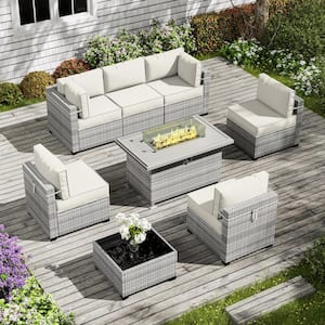 8-Piece Wicker Patio Outdoor Conversation Set with 5 in.  Seat Cushion and Fire Pit Table Black