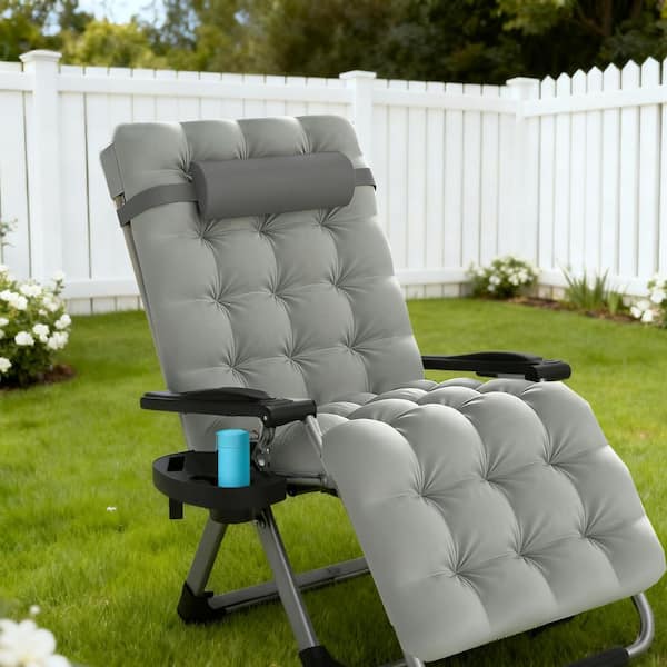 26 in. W Zero Gravity Chair Outdoor Indoor Steel Metal Patio Folding Reclining Lounge Chair with Removable Gray Cushion