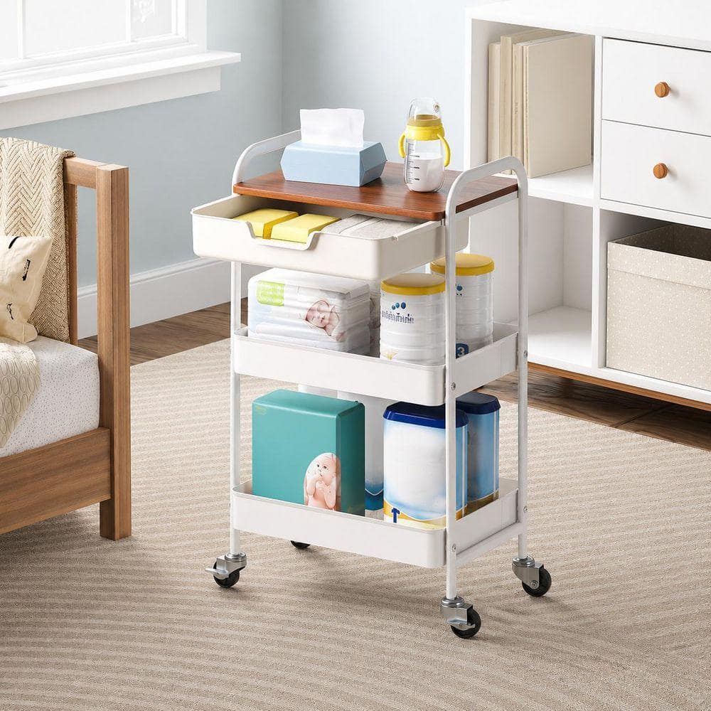 3-Tier White Metal Rolling Utility Cart with Drawer, Wood Top and Locking Wheels for Kitchen Storage