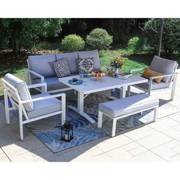 PHI VILLA White 5-Piece Aluminum Patio Furniture Outdoor Sectional with Light Grey Cushions