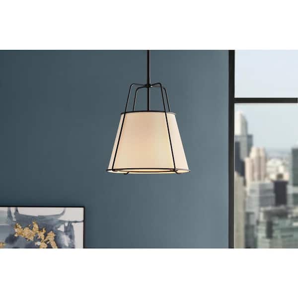 Home Decorators Collection Havenport 2-Light Matte Black Pendant with White Fabric Shade