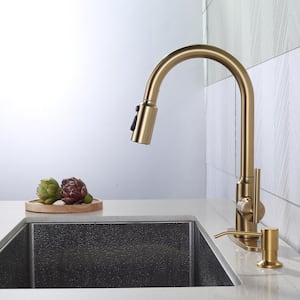 3 Patterns Stainless Steel Single Handle Pull Down Sprayer Kitchen Faucet with Flexible Hose Soap Dispenser in Gold