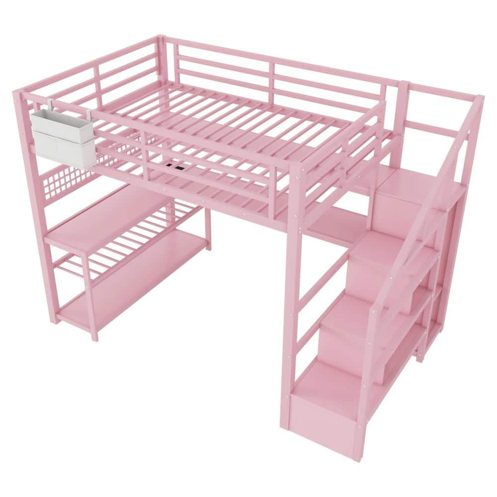 Pink Full Metal Loft Bed with Staircase, Wardrobe, L-Shaped Desk, Storage Shelves, LED Lights and Charging Station price history on PriceWatchPro