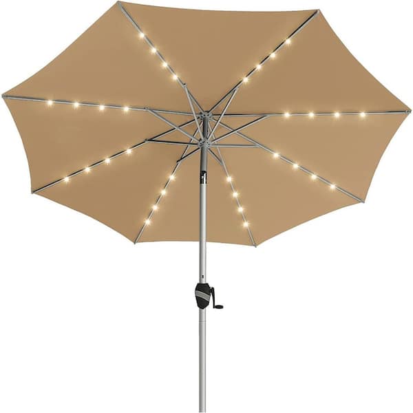 PASAMIC 9 ft. Aluminum Outdoor Patio Umbrella Market Umbrella with Push Button Tilt and LED Lights in Beige