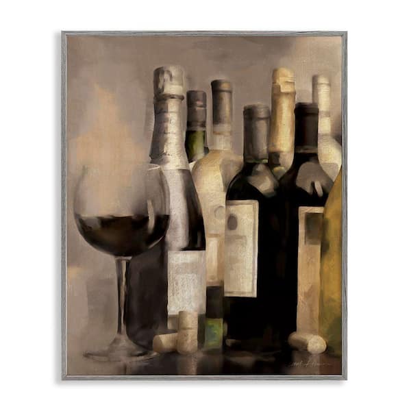 Stupell Industries Wine Glass with Bottles by Carol Robinson Gray Framed Food Giclee Art Print 30 in. x 24 in.