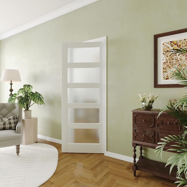 32in. x 80in. Interior Sliding Door, 5 Lites Frosted Glass Solid Wood MDF White Pantry Door Panels, Single Slab Finished