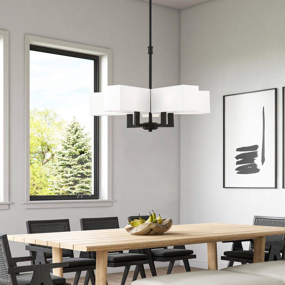 Satin Brass and Black 5-Light Chandelier with Fabric Shades