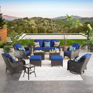 Moonlight Brown 10-Piece Wicker Patio Conversation Seating Sofa Set with Navy Blue Cushions and Swivel Rocking Chairs