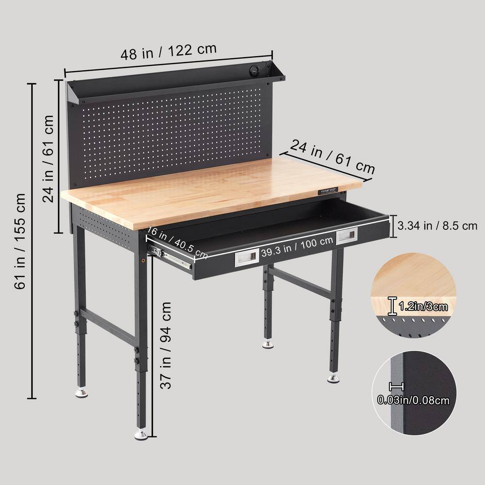 48'' Adjustable Height Oak Plank and Carbon Steel Workbench with Pegboard