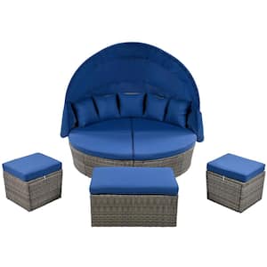 Gray Wicker Rattan Outdoor Day Bed with Blue Removable Cushions, Canopy, For Backyard, Porch