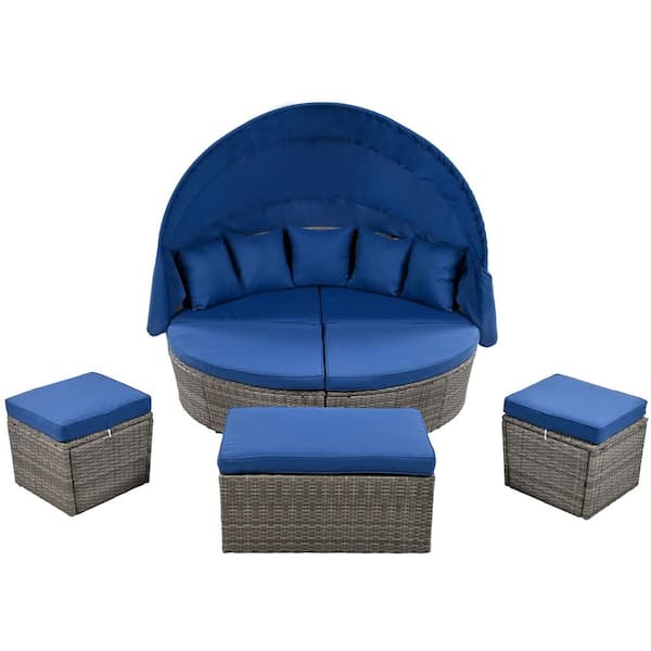Zeus & Ruta Gray Wicker Rattan Outdoor Day Bed with Blue Removable Cushions, Canopy, For Backyard, Porch