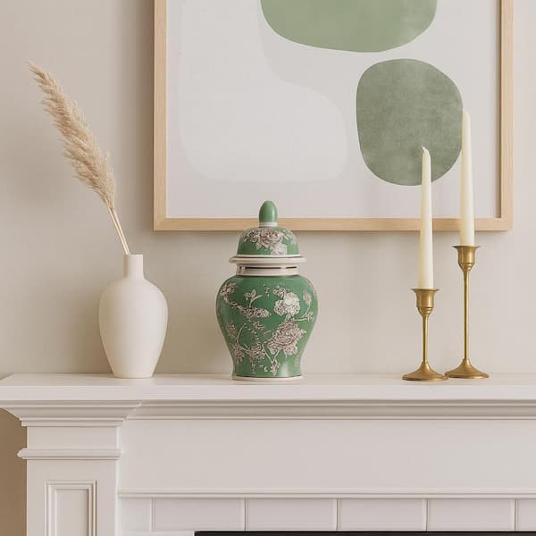 10.75 in. Green/Brown Ceramic Decorative Bird and Flower Temple Jar