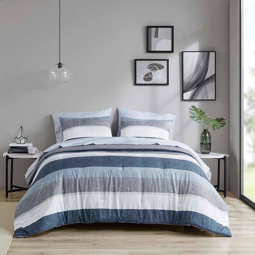 Blue Polyester Twin Stripe 7-Piece Comforter Set with Bed Sheets, All Seaso