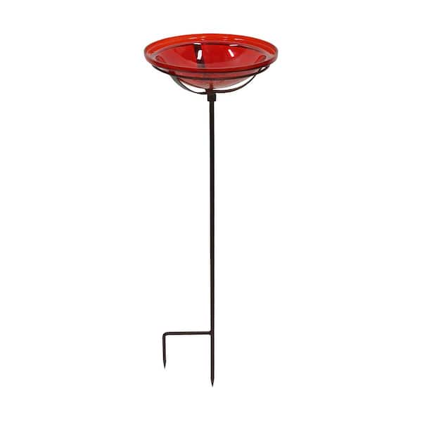 Crackle Glass Birdbath Bowl With Stake 12.5 in. Dia Red