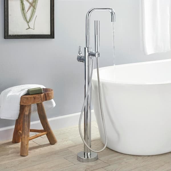 Modern Single-Handle Freestanding Floor Mount Tub Faucet with Handheld Showerhead in Chrome