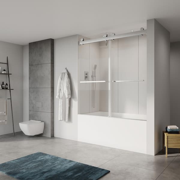 60 in. W x 60 in. H Sliding Frameless Tub Door in Brushed Nickel Finish with Clear Glass