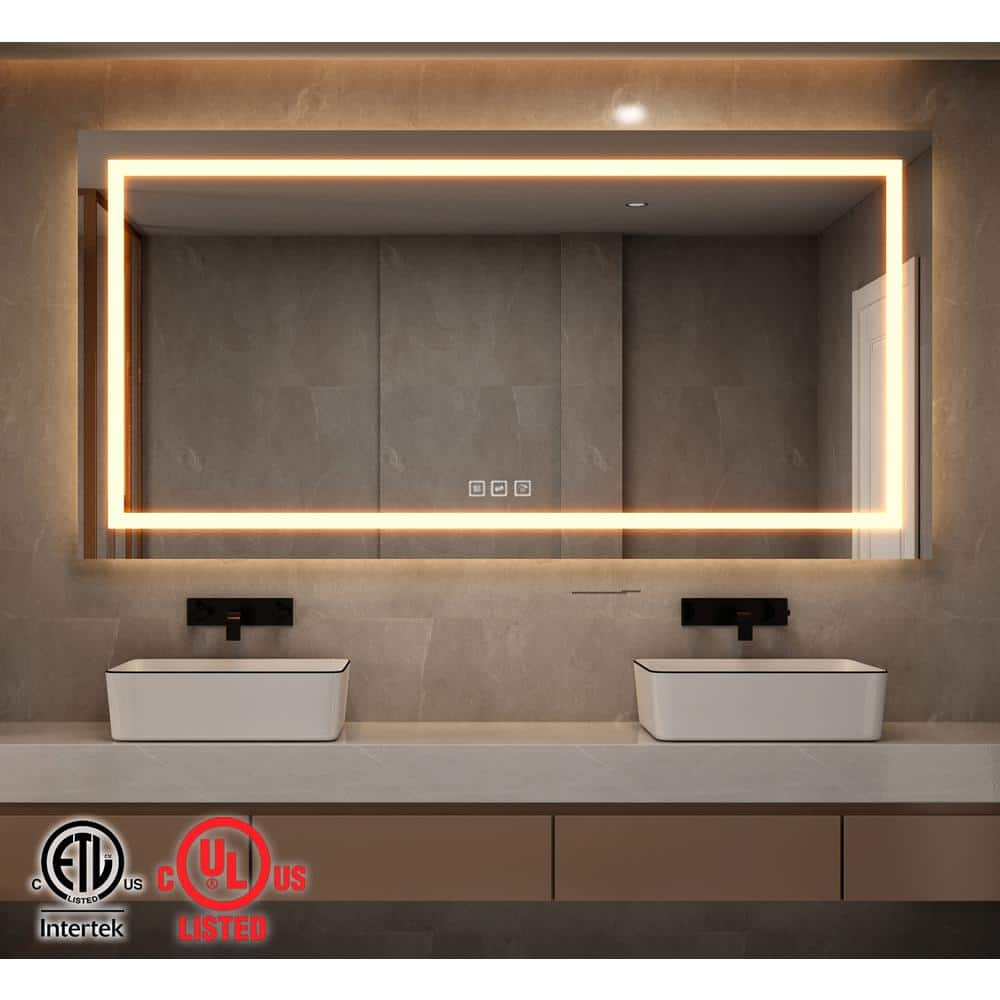 TOOLKISS Classic 72 in. W x 36 in. H Rectangular Frameless Anti-Fog LED Light Wall Bathroom Vanity Mirror Front Light