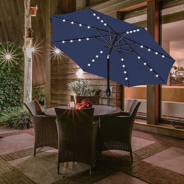 Unbranded 9 ft. Market Solar LED Lighted Push Button Tilt/Crank Patio Umbrella w/UV-Resistant Fabric in Blue