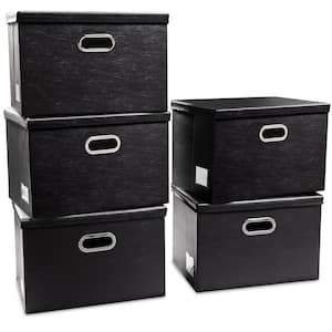 27 Qt. Leather Fabric Storage Bin with Lid in Black (5-box)