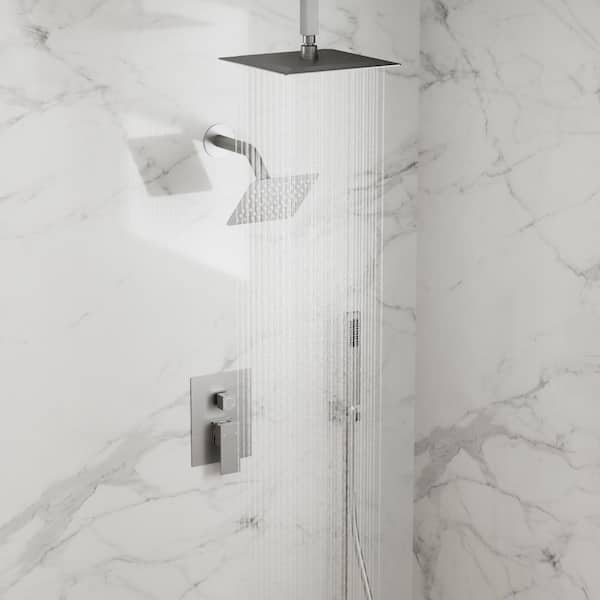 Dual 3 in 1 3-Spray 10 and 6 in. Ceiling Mount Fixed and Handheld Shower Head 2.5 GPM in Brushed Nickel Valve Included