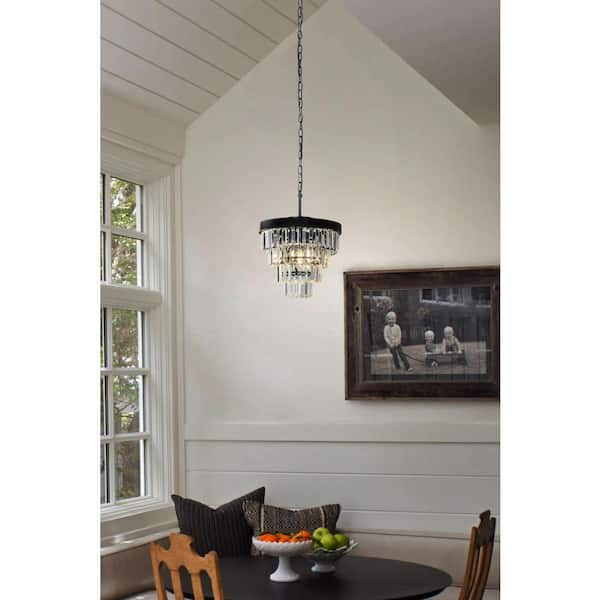 3-Light 13in Modern Small Tiered Crystal Chandelier in Matte Black for Dining Room