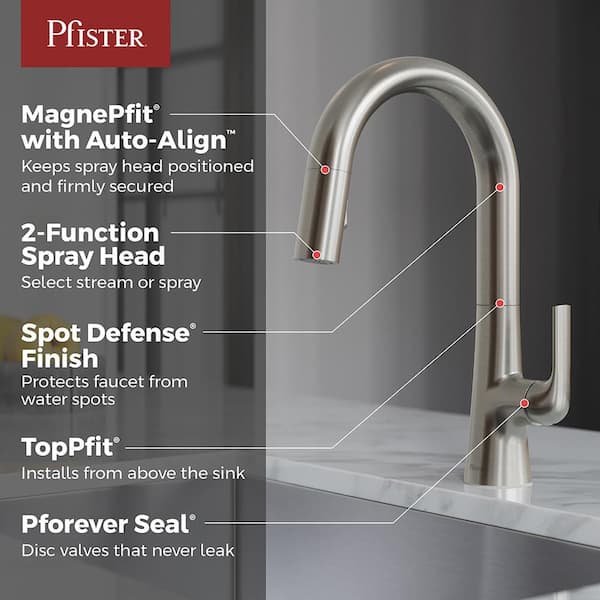 Beringer 1-Handle 15.6875 in. H Pull Down Sprayer Kitchen Faucet with 360° Spout Swivel in Spot Defense Stainless Steel