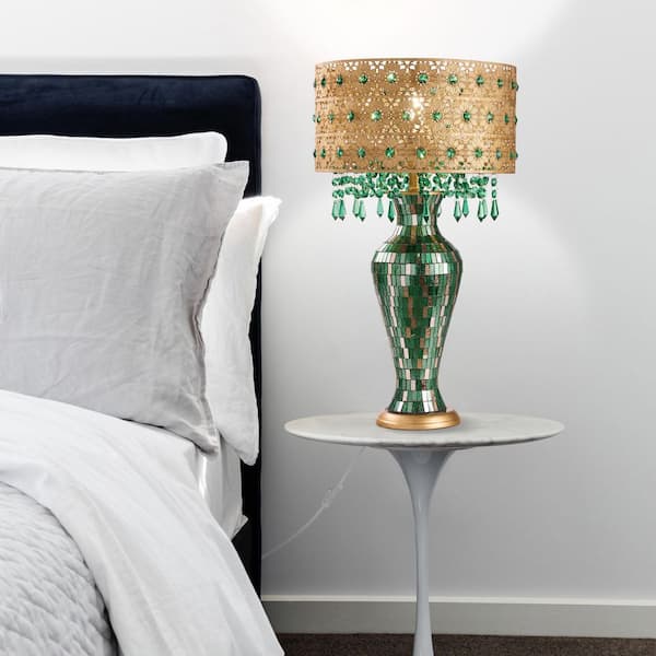 25 in. Emerald and Gold Indoor Table Lamp with Jeweled Metal Shade and Mosaic Base