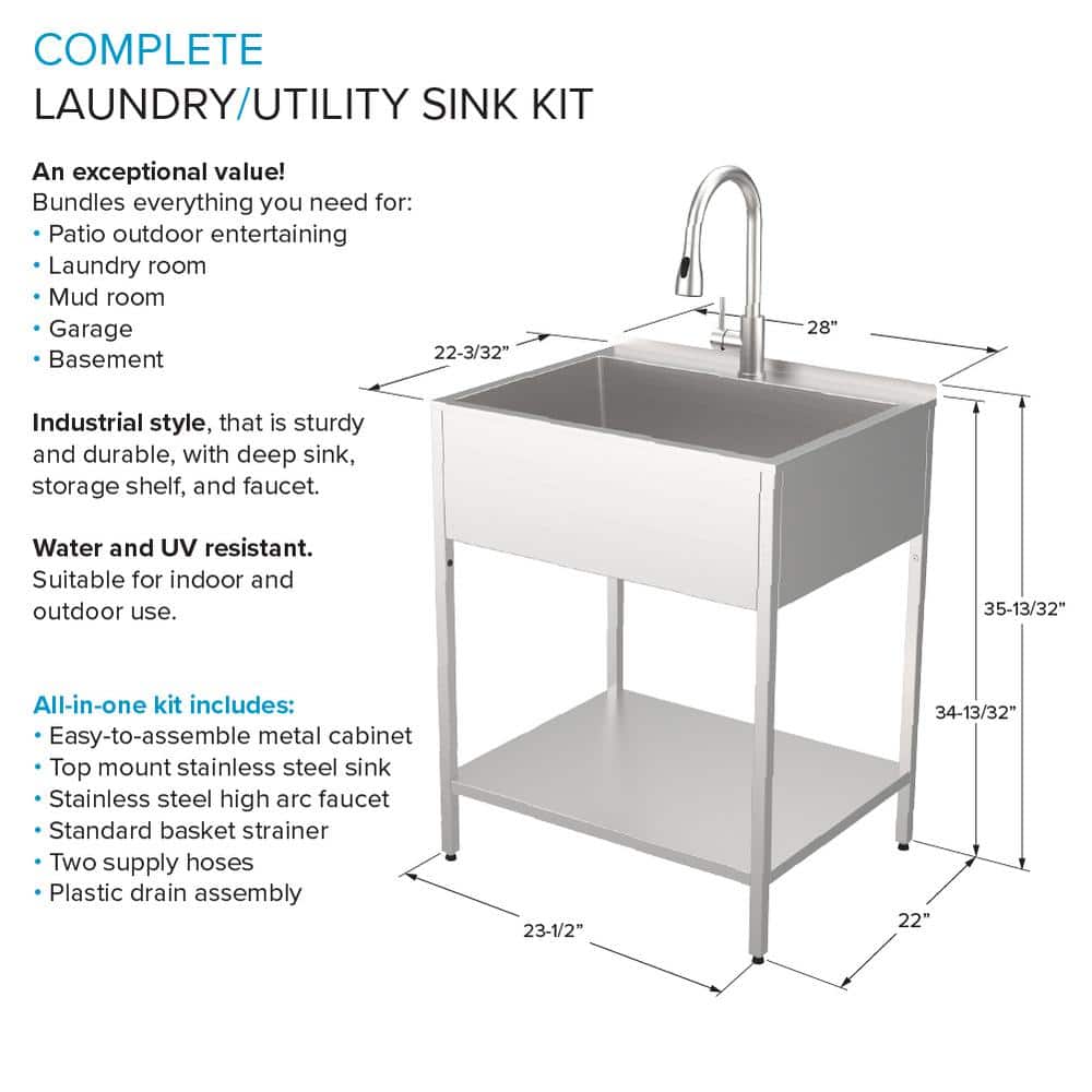 28'' Brushed Stainless Steel Freestanding Laundry Sink with Faucet