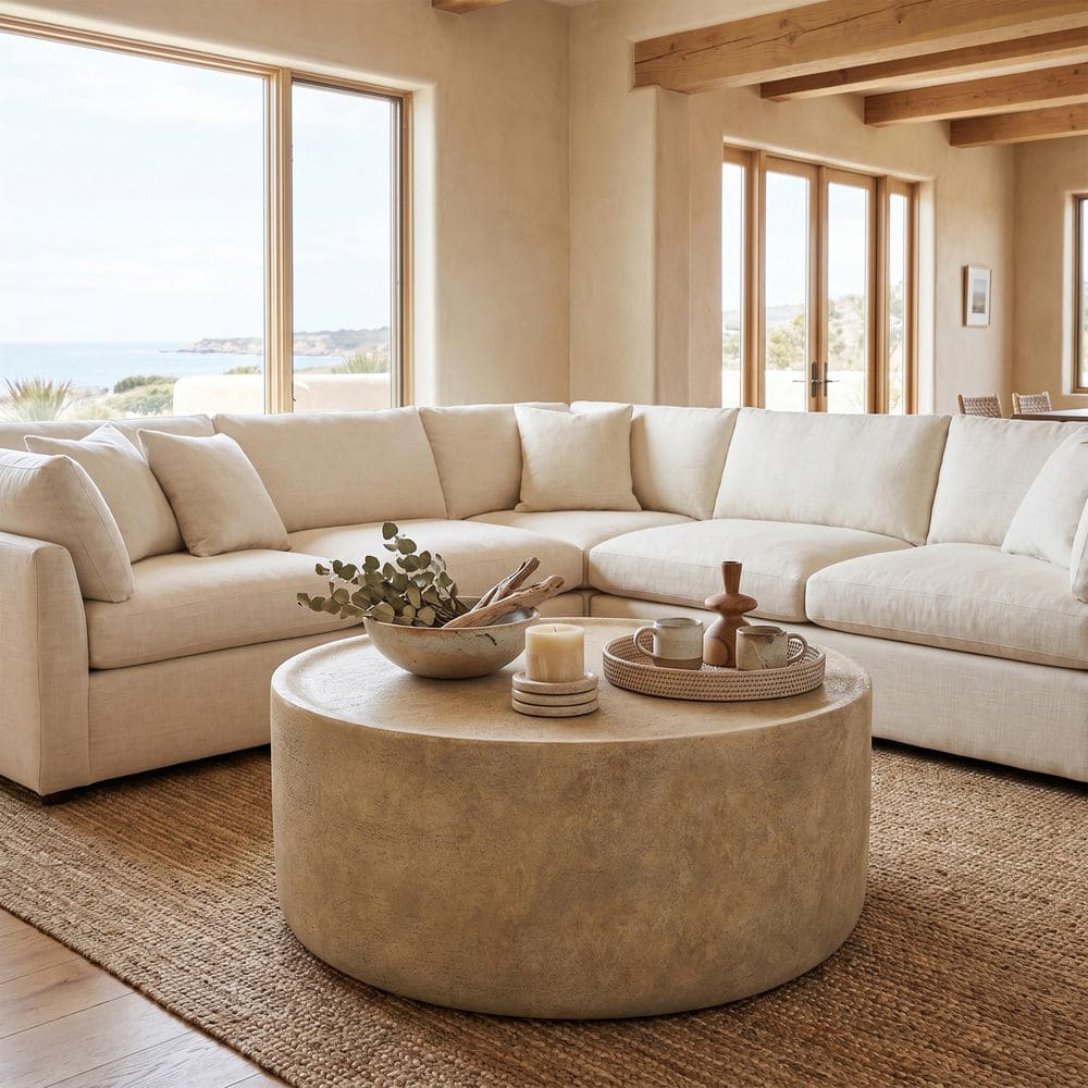 Modern Patio 31.5 in. Beige Round Drum MGO Stone Indoor & Outdoor Coffee Table price history on PriceWatchPro