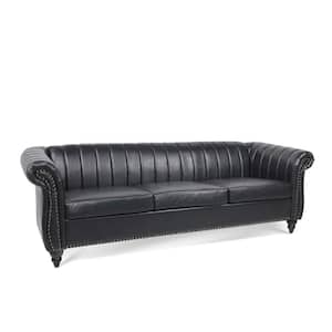 83.64 in. W Rolled Arm Faux Leather Straight Naihead Sofa in Black