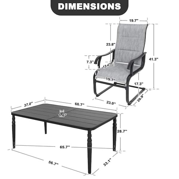 Black 7-Piece Metal Rectangle Outdoor Dining Set with 6 C-Spring Motion Padded Textilene Chairs and Umbrella Hole