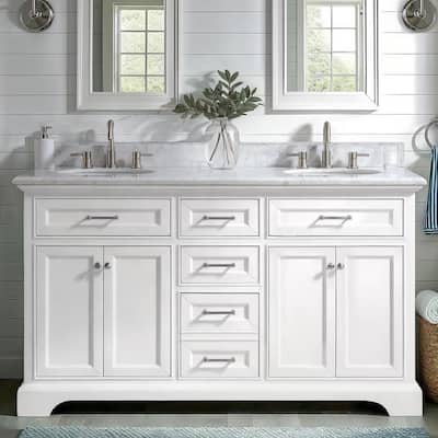 Windlowe 61 in. Double Sink White Bath Vanity with White Carrara White Marble Top (Assembled)