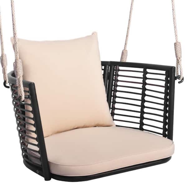 Kadehome 1-Person Wicker Porch Swing Patio Hanging Rattan Chair with Rope and Beige Zippered Cushions