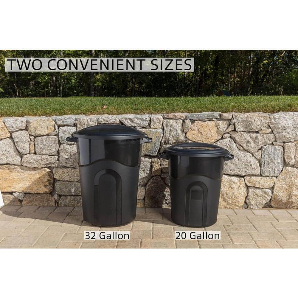 Black 32 Gallon Lockable Plastic Outdoor Trash Cans, Set of 2