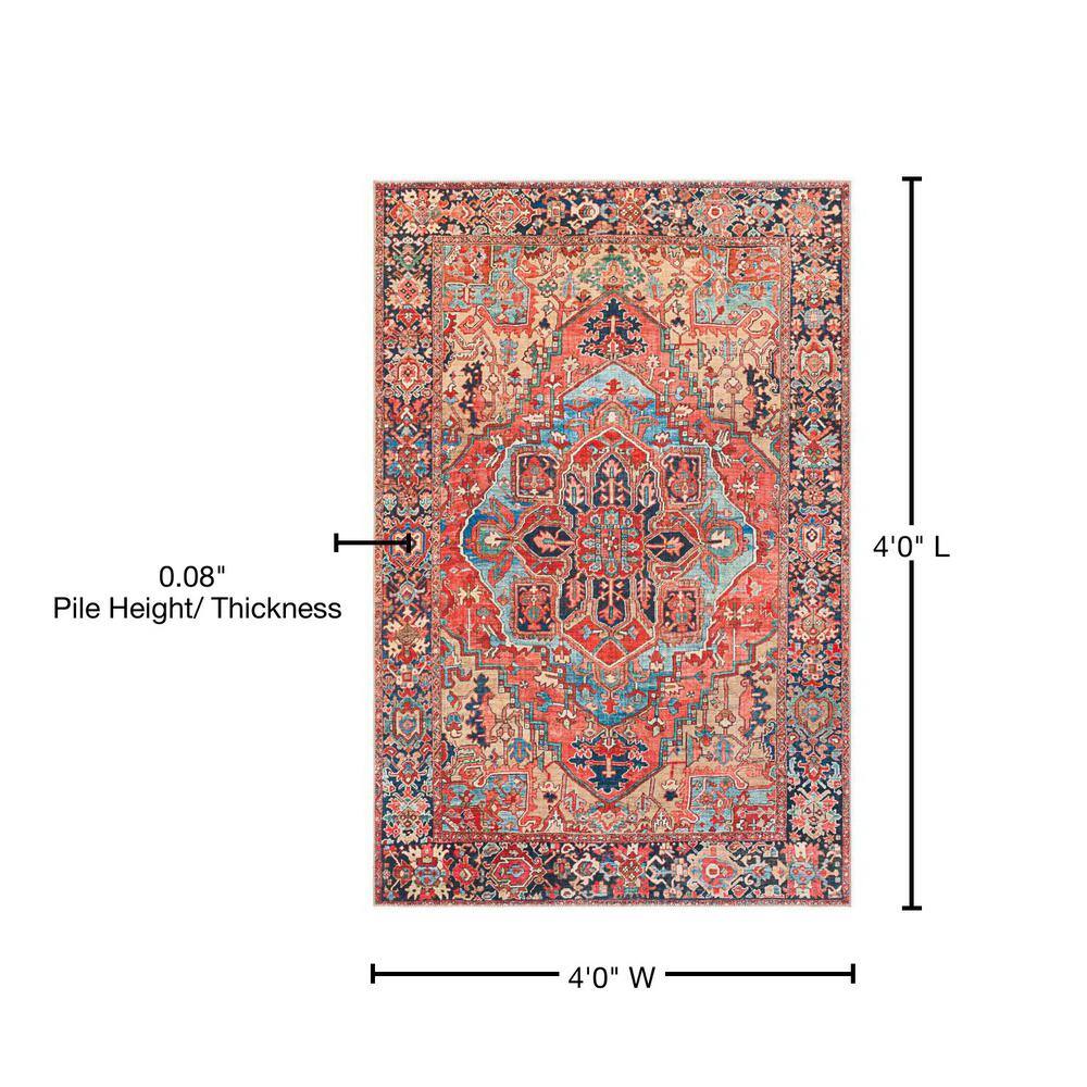 Bright Red Square Medallion Synthetic Area Rug