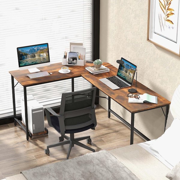Costway 49.5 in. L-shaped Wood Rustic Brown Gaming Desk Computer Desk with CPU Stand Power Outlets