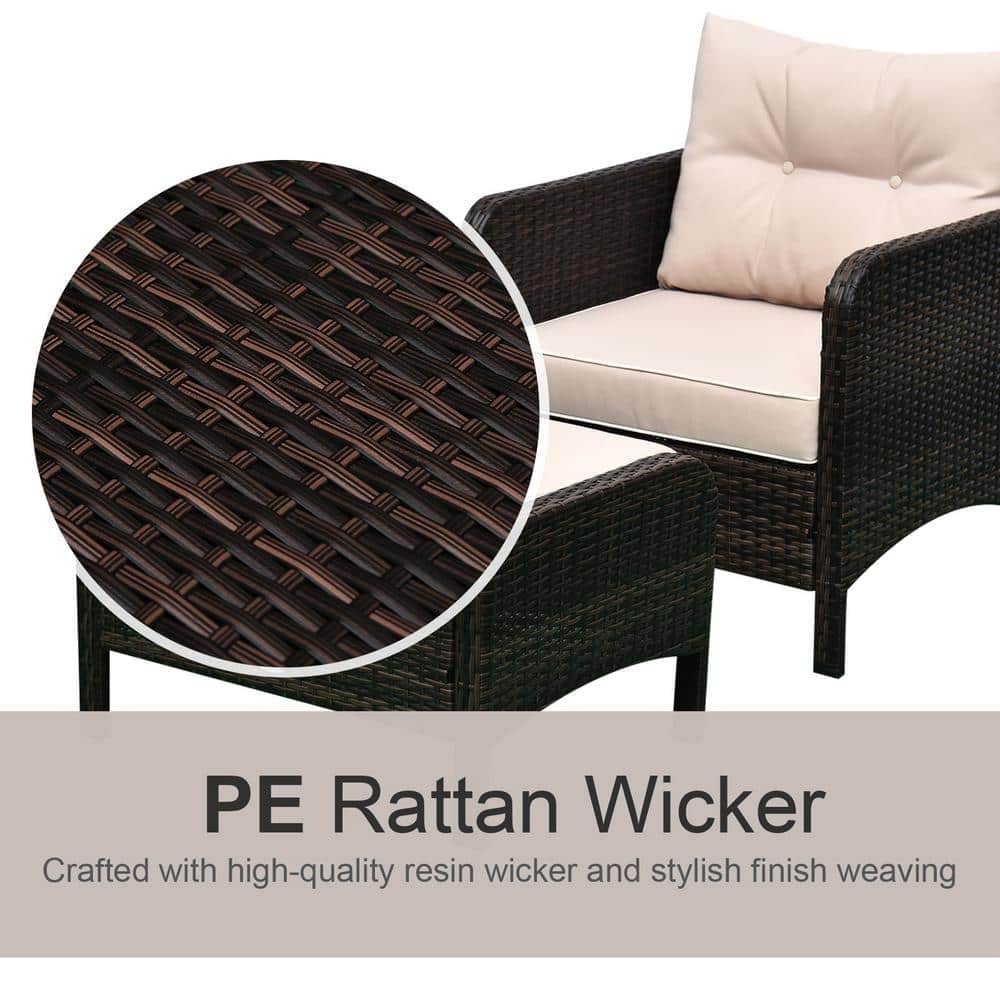 Elegant 5-Piece Rattan Wicker Patio Set with Cushioned Chairs & Glass Table, Brown