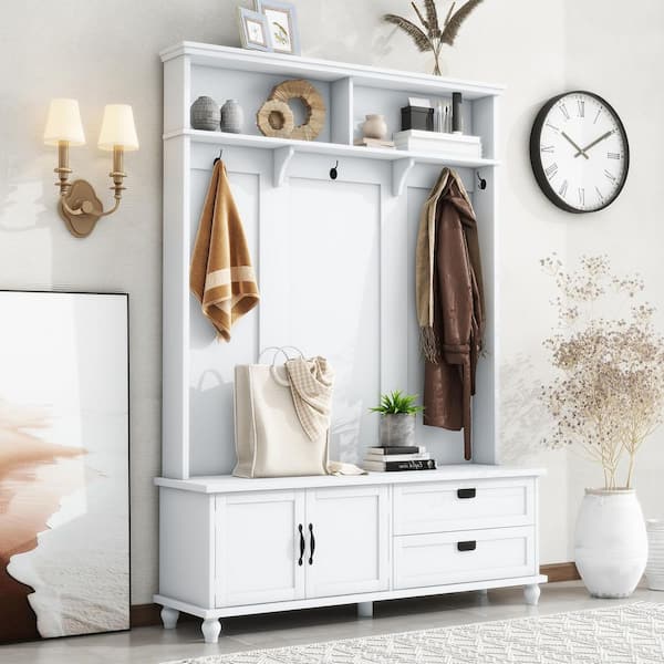 Rory Modern White 80.3 in. Hall Tree with Mudroom Bench, Storage Cabinet, Drawers, 5 Coat Hooks